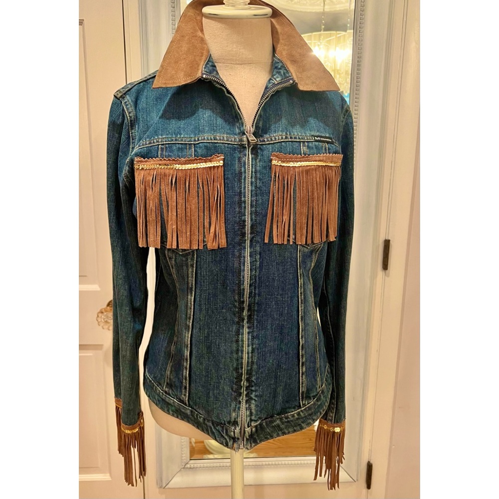 DOLCE & GABBANA~made in Italy Jean jacket,suede trim with tiny sequins!